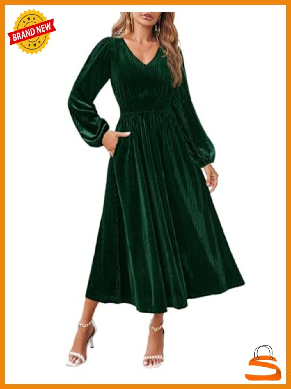 Velvet Long Sleeve V Neck Smocked Waist Midi Dress with Pockets